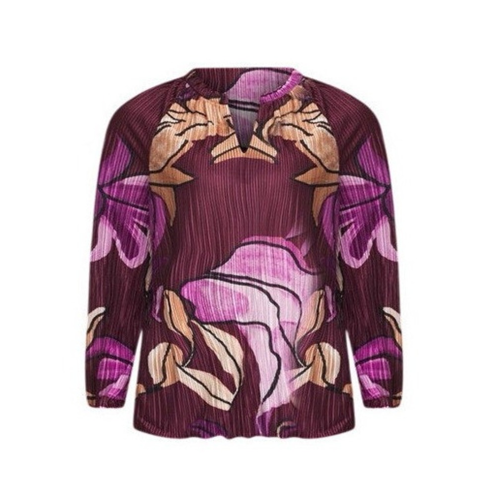 Chicos Printed PleatedV Neck Blouse Sz 3 XL Burgundy Pink Long Sleeve Flowy‎ Top